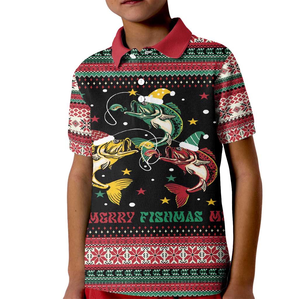 Funny Fishmas Bass Kid Polo Shirt Christmas Santa Hat Lights - Wonder Print Shop