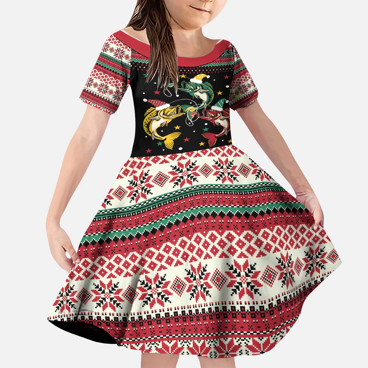 Funny Fishmas Bass Kid Short Sleeve Dress Christmas Santa Hat Lights - Wonder Print Shop