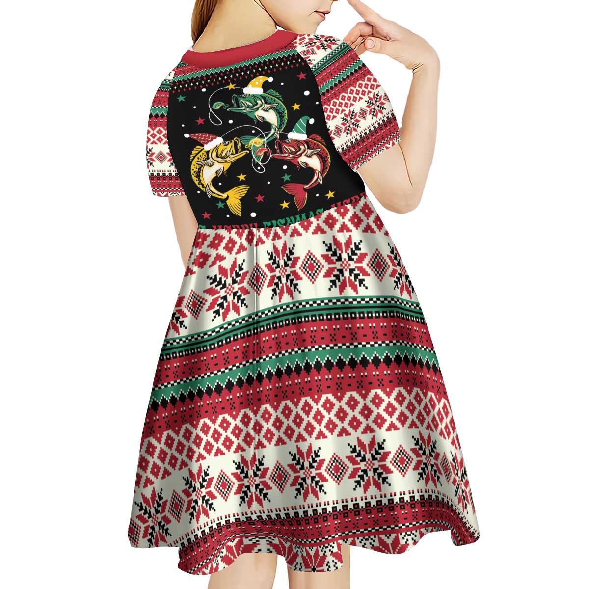 Funny Fishmas Bass Kid Short Sleeve Dress Christmas Santa Hat Lights - Wonder Print Shop