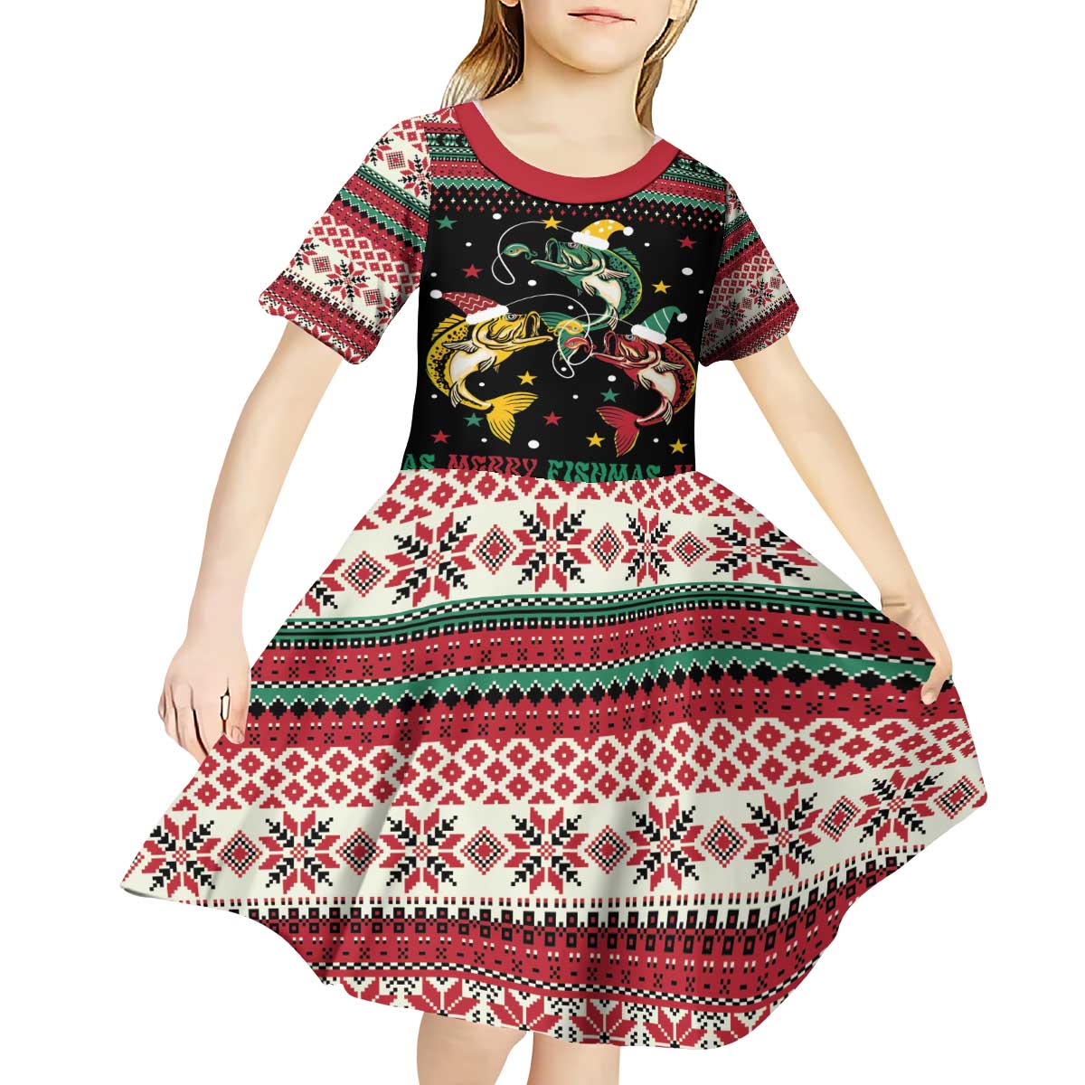 Funny Fishmas Bass Kid Short Sleeve Dress Christmas Santa Hat Lights - Wonder Print Shop