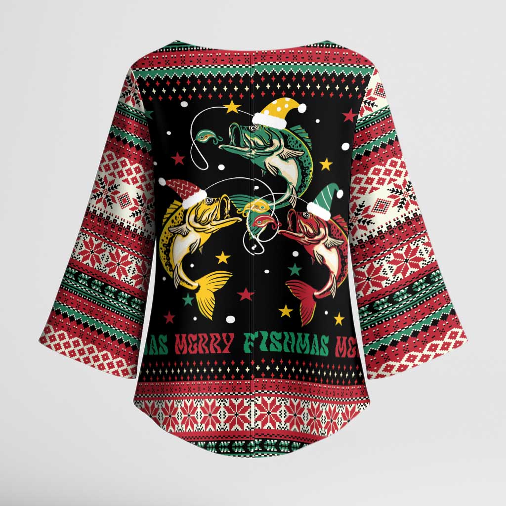 Funny Fishmas Bass Kimono Sleeve Blouse Christmas Santa Hat Lights - Wonder Print Shop