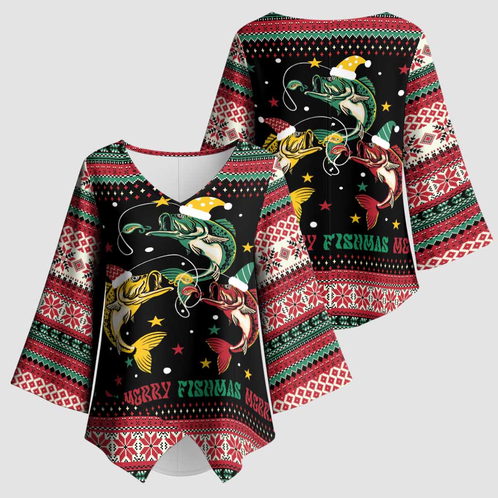 Funny Fishmas Bass Kimono Sleeve Blouse Christmas Santa Hat Lights - Wonder Print Shop