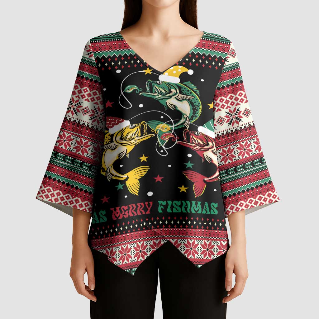Funny Fishmas Bass Kimono Sleeve Blouse Christmas Santa Hat Lights - Wonder Print Shop