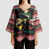 Funny Fishmas Bass Kimono Sleeve Blouse Christmas Santa Hat Lights - Wonder Print Shop