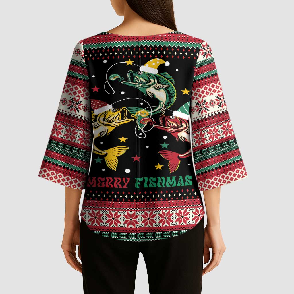 Funny Fishmas Bass Kimono Sleeve Blouse Christmas Santa Hat Lights - Wonder Print Shop