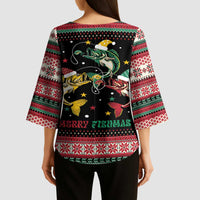 Funny Fishmas Bass Kimono Sleeve Blouse Christmas Santa Hat Lights - Wonder Print Shop