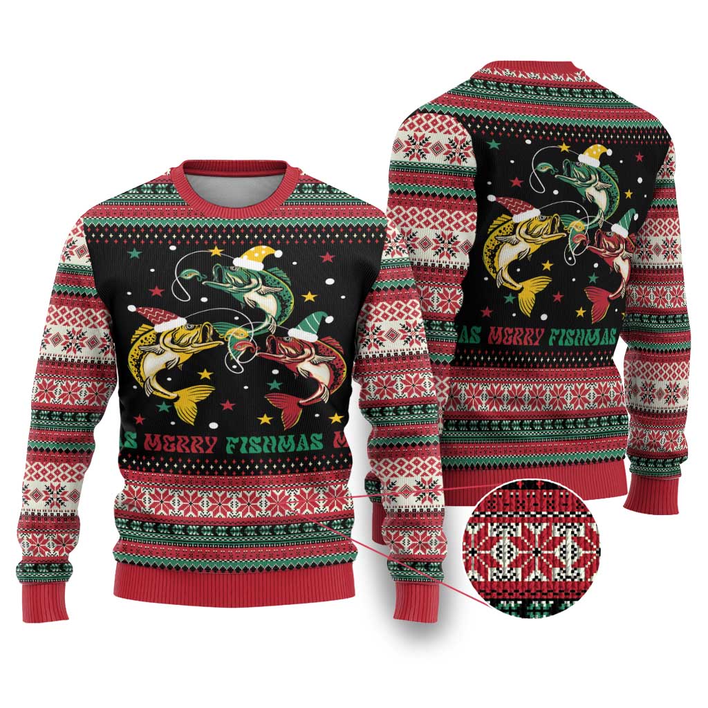 Funny Fishmas Bass Ugly Christmas Sweater Christmas Santa Hat Lights - Wonder Print Shop