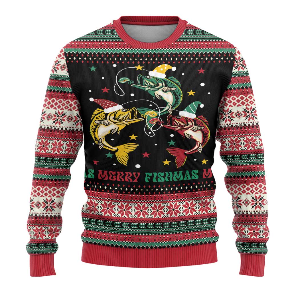 Funny Fishmas Bass Ugly Christmas Sweater Christmas Santa Hat Lights - Wonder Print Shop