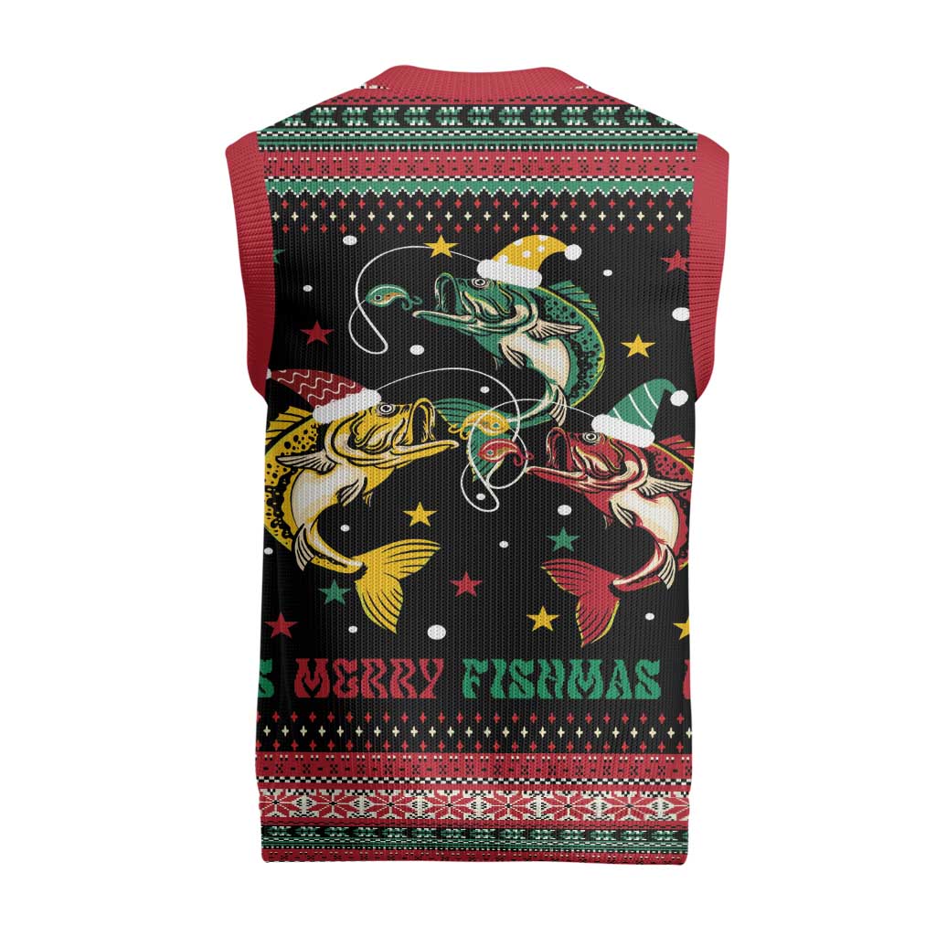 Funny Fishmas Bass Christmas Knitted V-Neck Vest Christmas Santa Hat Lights - Wonder Print Shop