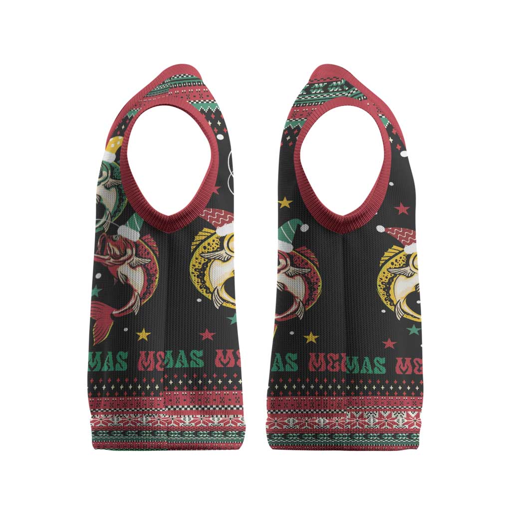 Funny Fishmas Bass Christmas Knitted V-Neck Vest Christmas Santa Hat Lights - Wonder Print Shop