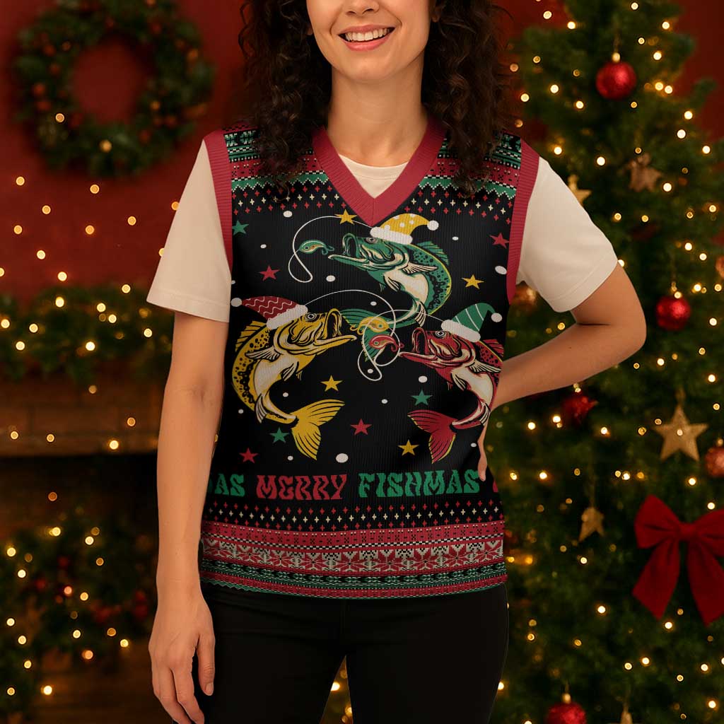 Funny Fishmas Bass Christmas Knitted V-Neck Vest Christmas Santa Hat Lights - Wonder Print Shop