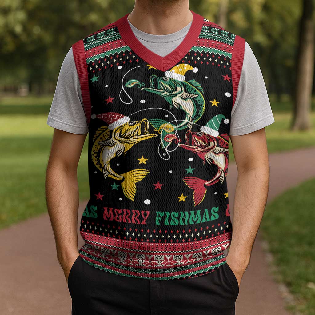 Funny Fishmas Bass Christmas Knitted V-Neck Vest Christmas Santa Hat Lights - Wonder Print Shop