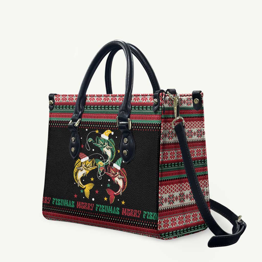 Funny Fishmas Bass Leather Bag Christmas Santa Hat Lights - Wonder Print Shop
