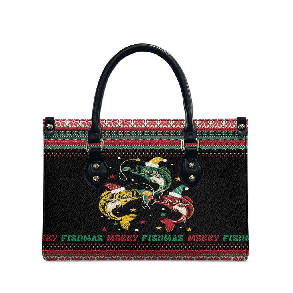 Funny Fishmas Bass Leather Bag Christmas Santa Hat Lights - Wonder Print Shop