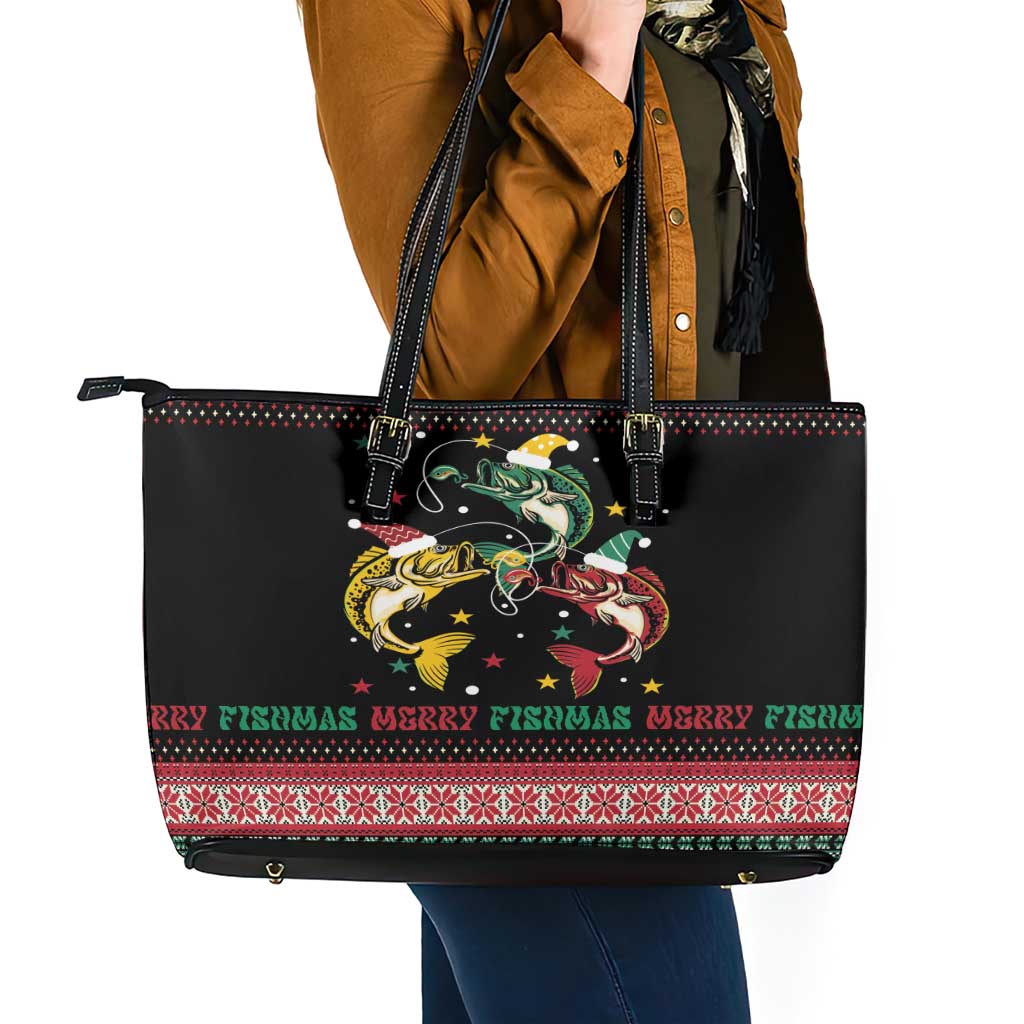 Funny Fishmas Bass Leather Tote Bag Christmas Santa Hat Lights - Wonder Print Shop