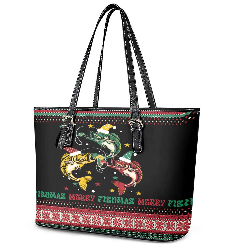 Funny Fishmas Bass Leather Tote Bag Christmas Santa Hat Lights - Wonder Print Shop