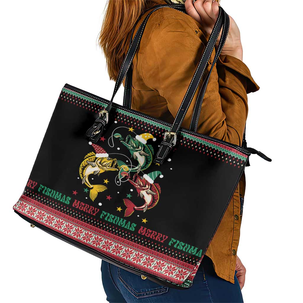 Funny Fishmas Bass Leather Tote Bag Christmas Santa Hat Lights - Wonder Print Shop