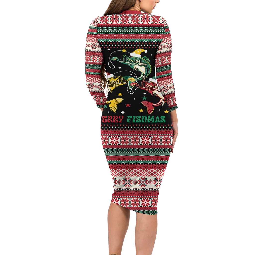 Funny Fishmas Bass Long Sleeve Bodycon Dress Christmas Santa Hat Lights - Wonder Print Shop