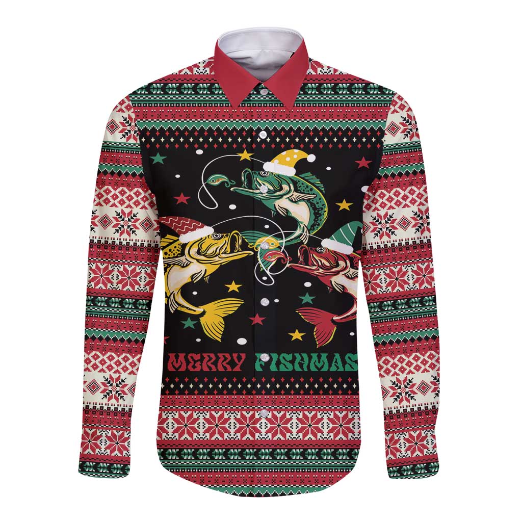 Funny Fishmas Bass Long Sleeve Button Shirt Christmas Santa Hat Lights - Wonder Print Shop