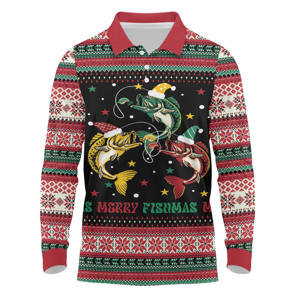 Funny Fishmas Bass Long Sleeve Polo Shirt Christmas Santa Hat Lights - Wonder Print Shop