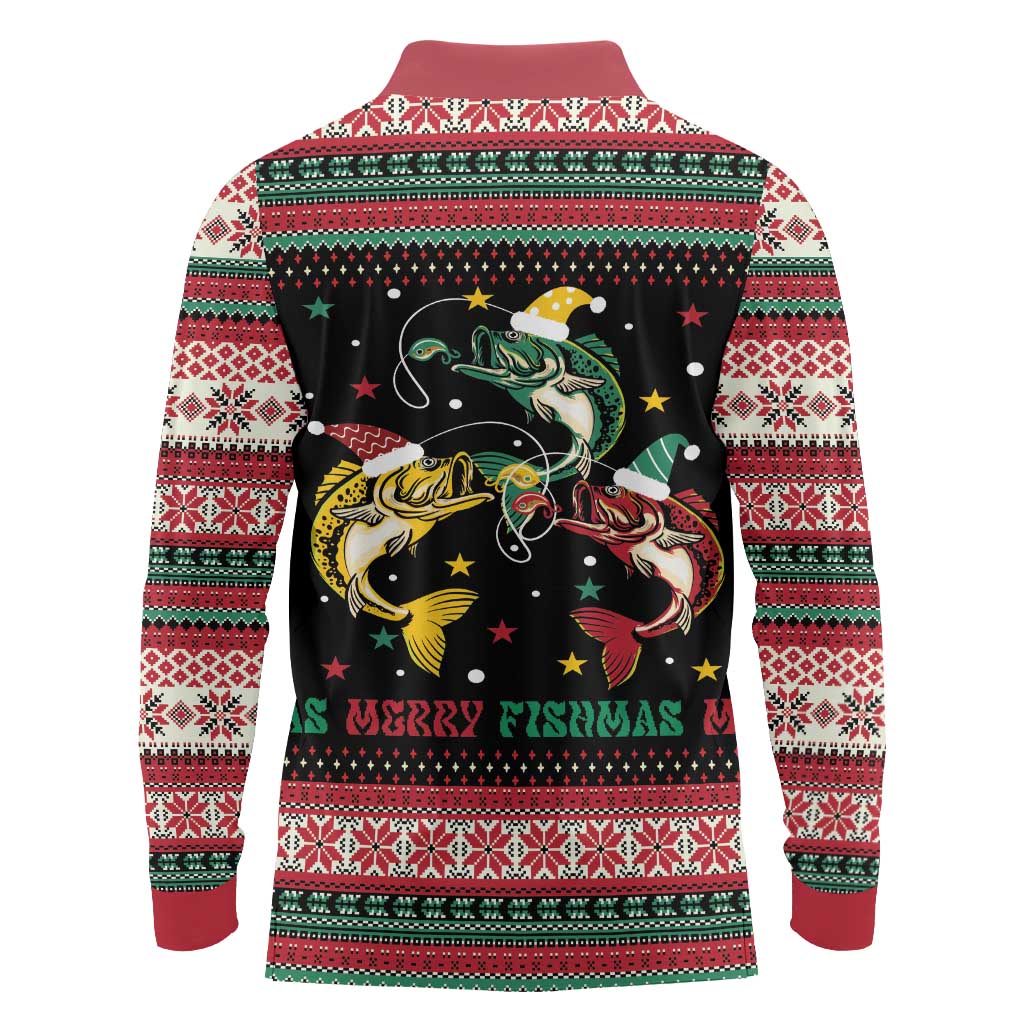 Funny Fishmas Bass Long Sleeve Polo Shirt Christmas Santa Hat Lights - Wonder Print Shop