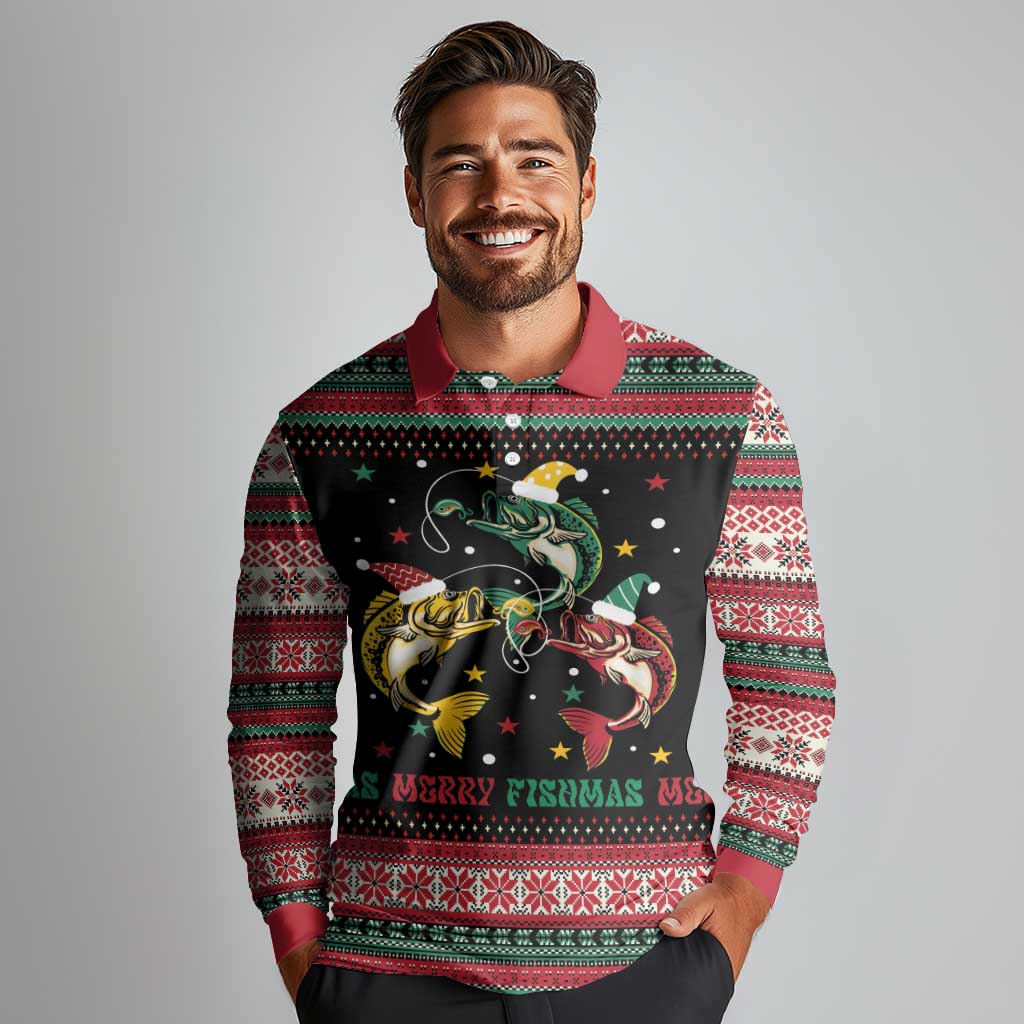 Funny Fishmas Bass Long Sleeve Polo Shirt Christmas Santa Hat Lights - Wonder Print Shop