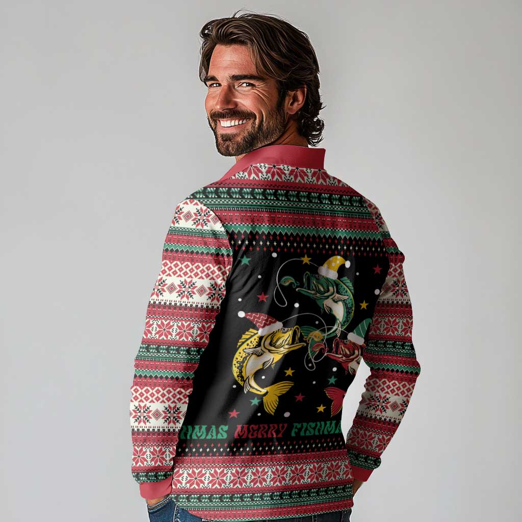 Funny Fishmas Bass Long Sleeve Polo Shirt Christmas Santa Hat Lights - Wonder Print Shop