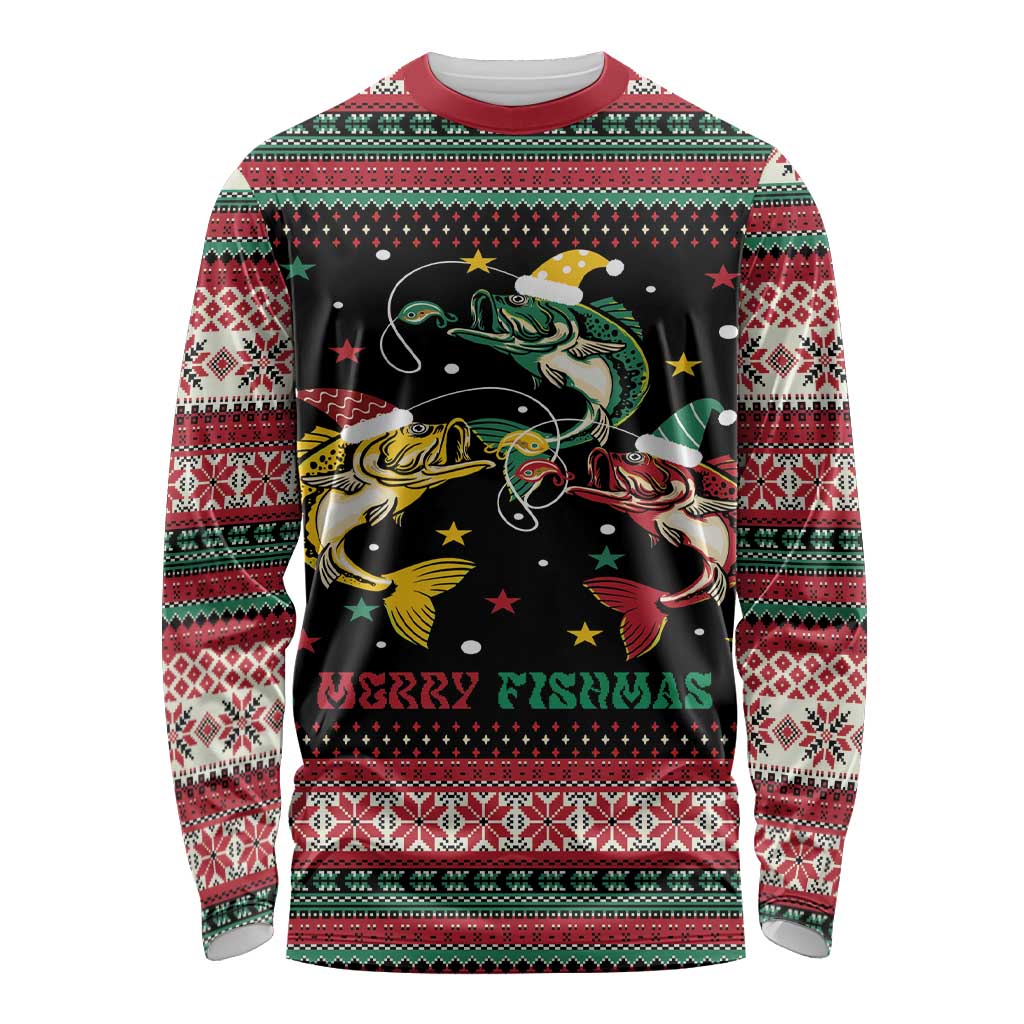 Funny Fishmas Bass Long Sleeve Shirt Christmas Santa Hat Lights - Wonder Print Shop