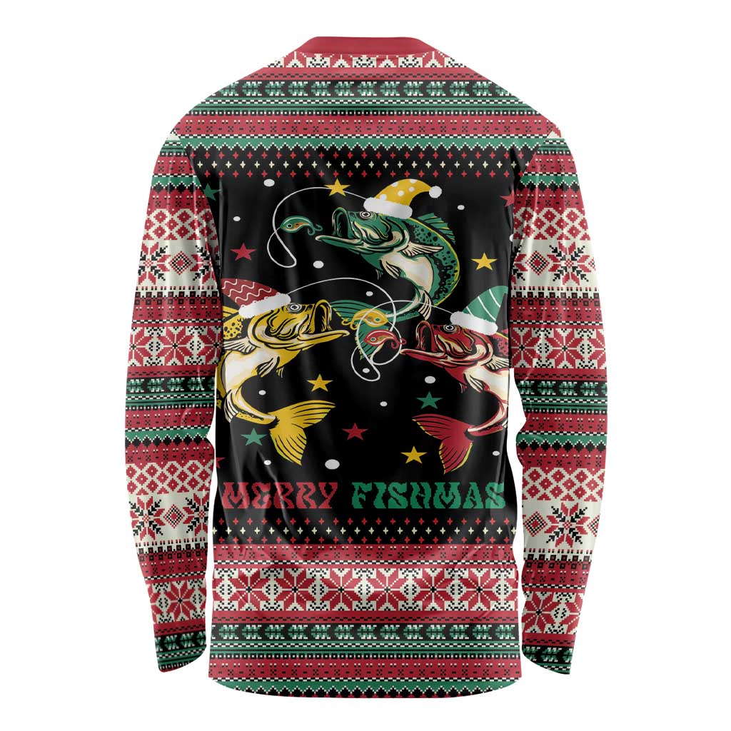 Funny Fishmas Bass Long Sleeve Shirt Christmas Santa Hat Lights - Wonder Print Shop