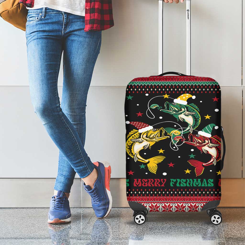 Funny Fishmas Bass Luggage Cover Christmas Santa Hat Lights - Wonder Print Shop