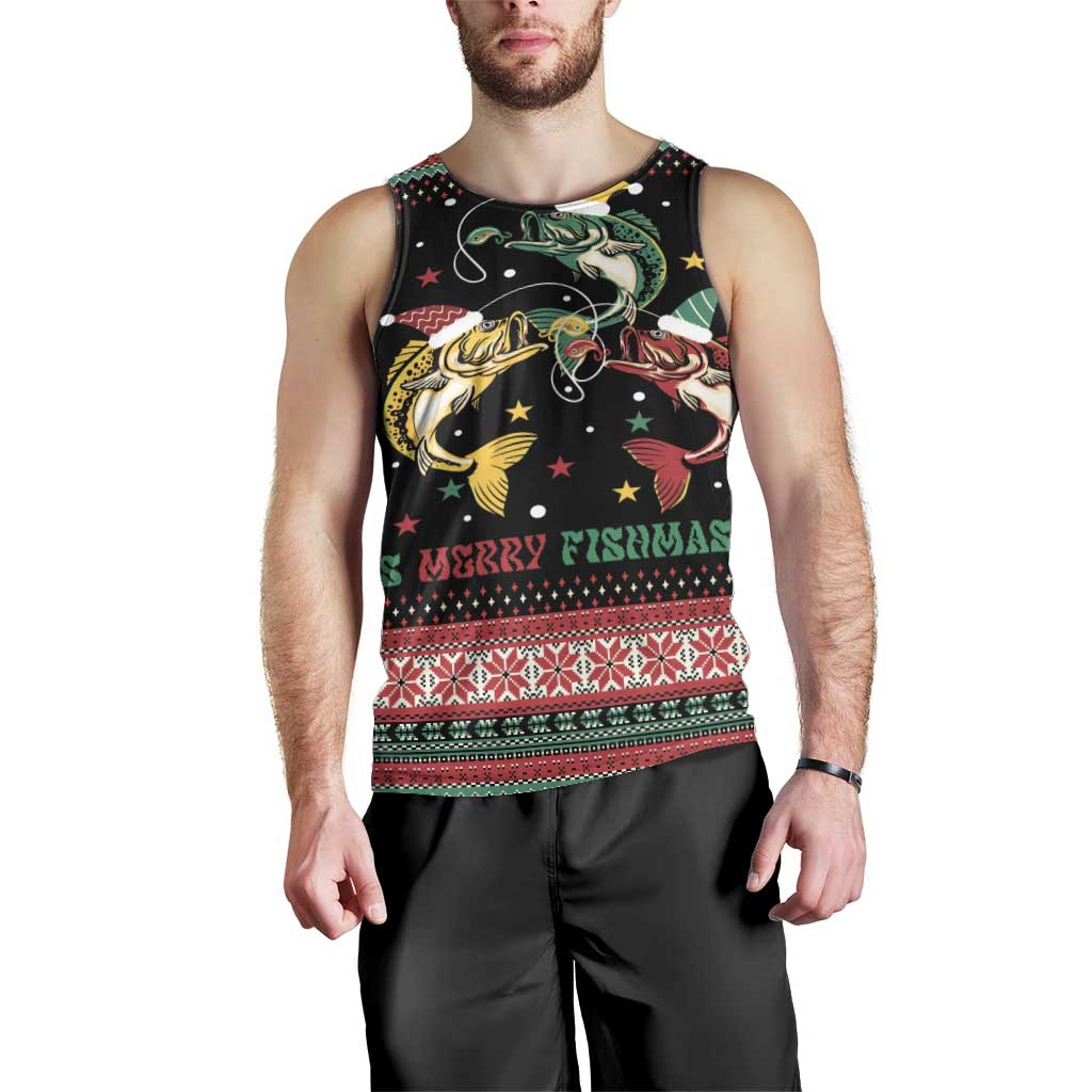 Funny Fishmas Bass Men Tank Top Christmas Santa Hat Lights - Wonder Print Shop