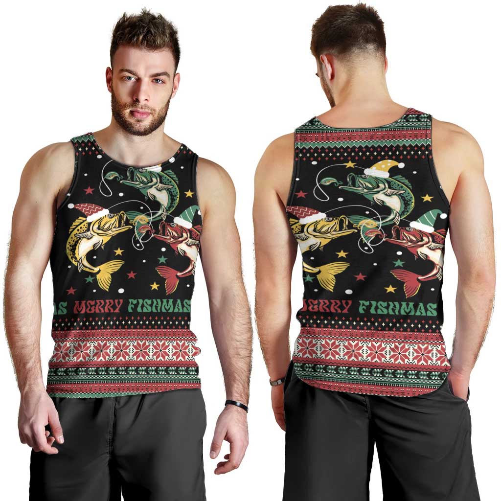 Funny Fishmas Bass Men Tank Top Christmas Santa Hat Lights - Wonder Print Shop