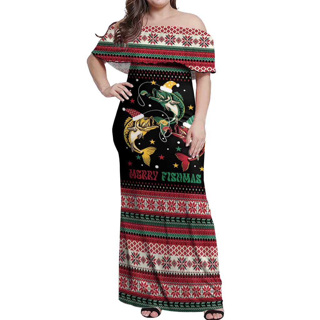 Funny Fishmas Bass Off Shoulder Maxi Dress Christmas Santa Hat Lights - Wonder Print Shop