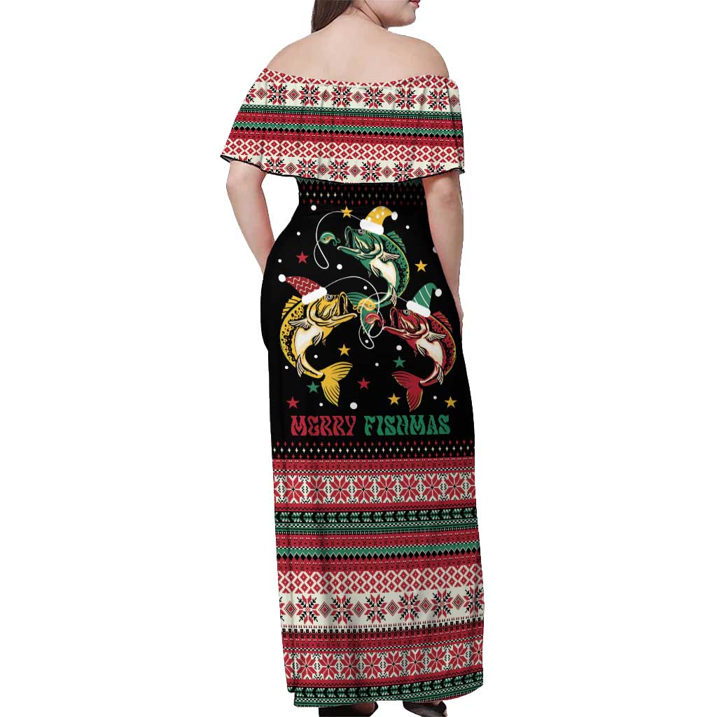 Funny Fishmas Bass Off Shoulder Maxi Dress Christmas Santa Hat Lights - Wonder Print Shop