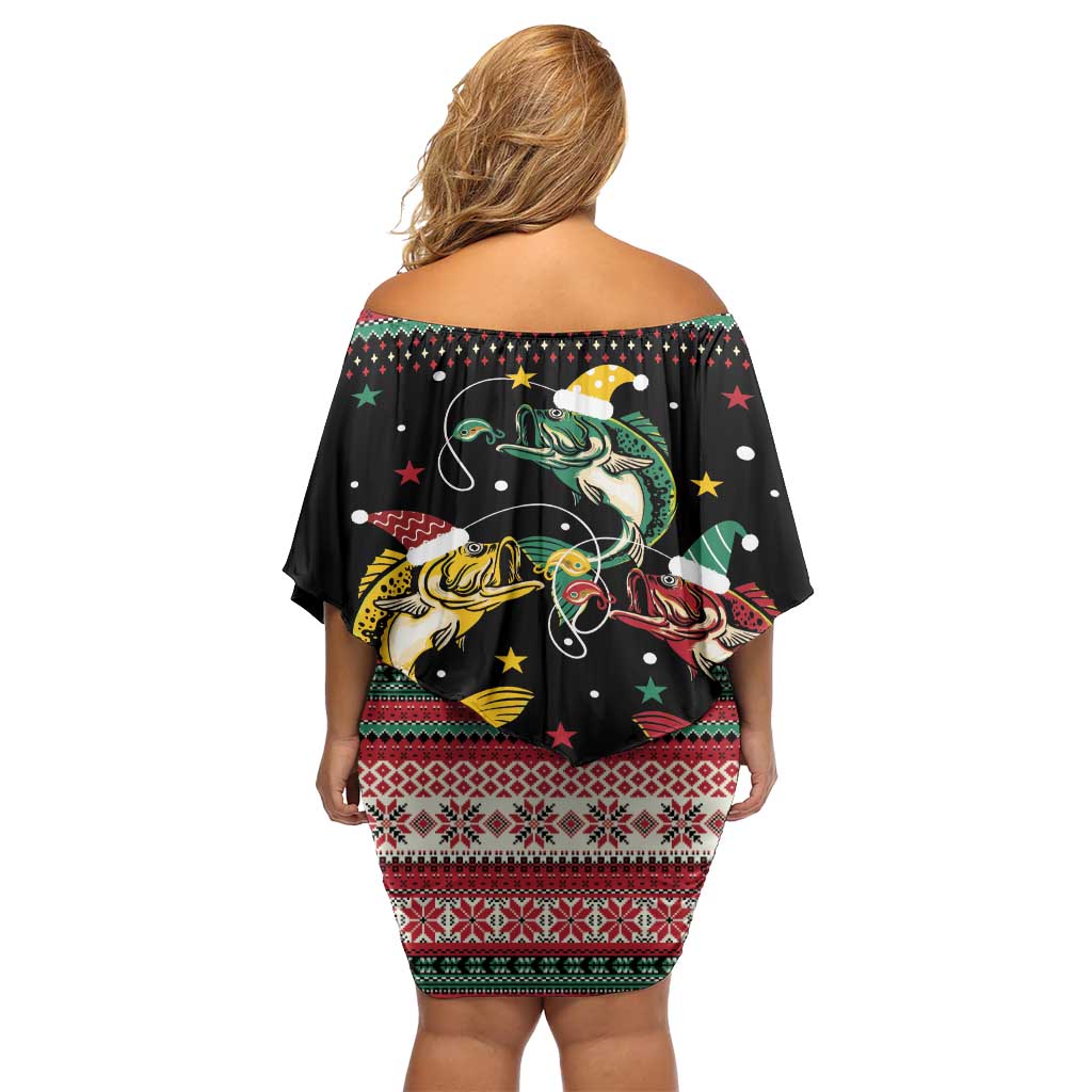 Funny Fishmas Bass Off Shoulder Short Dress Christmas Santa Hat Lights - Wonder Print Shop