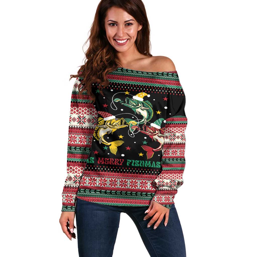 Funny Fishmas Bass Off Shoulder Sweater Christmas Santa Hat Lights - Wonder Print Shop