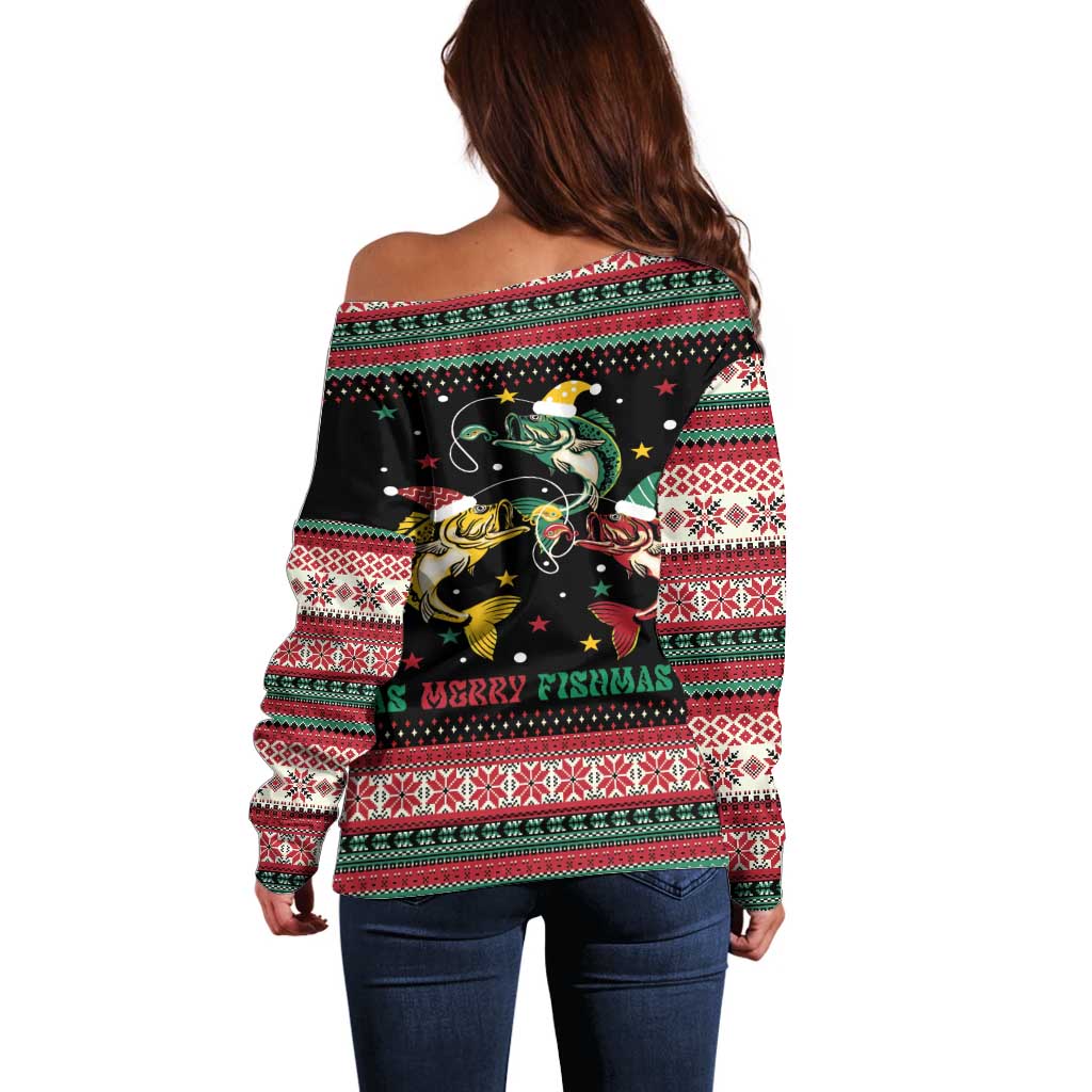Funny Fishmas Bass Off Shoulder Sweater Christmas Santa Hat Lights - Wonder Print Shop