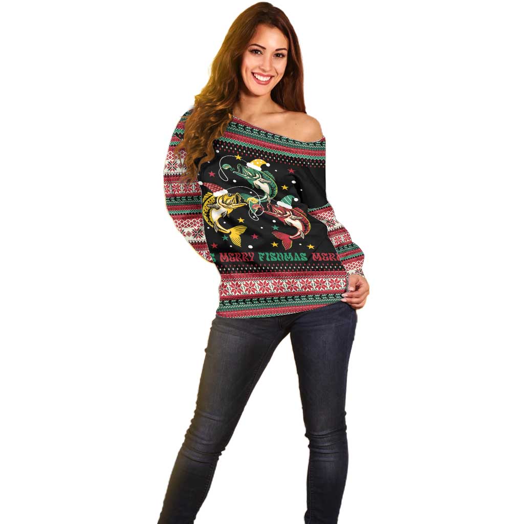 Funny Fishmas Bass Off Shoulder Sweater Christmas Santa Hat Lights - Wonder Print Shop