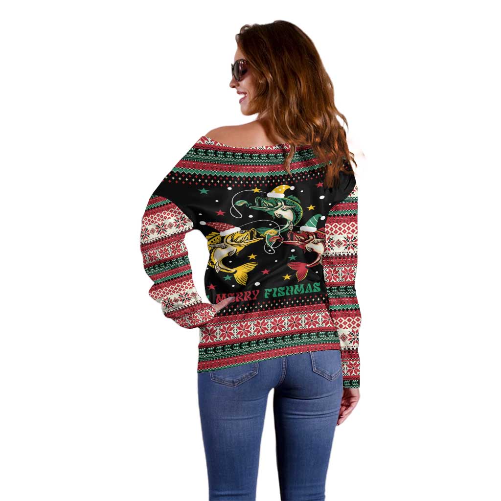 Funny Fishmas Bass Off Shoulder Sweater Christmas Santa Hat Lights - Wonder Print Shop