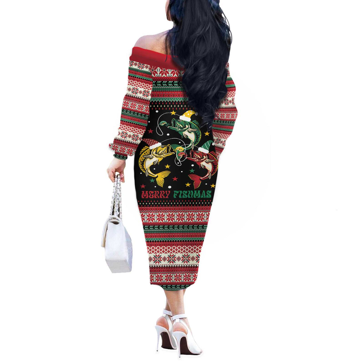 Funny Fishmas Bass Off The Shoulder Long Sleeve Dress Christmas Santa Hat Lights - Wonder Print Shop