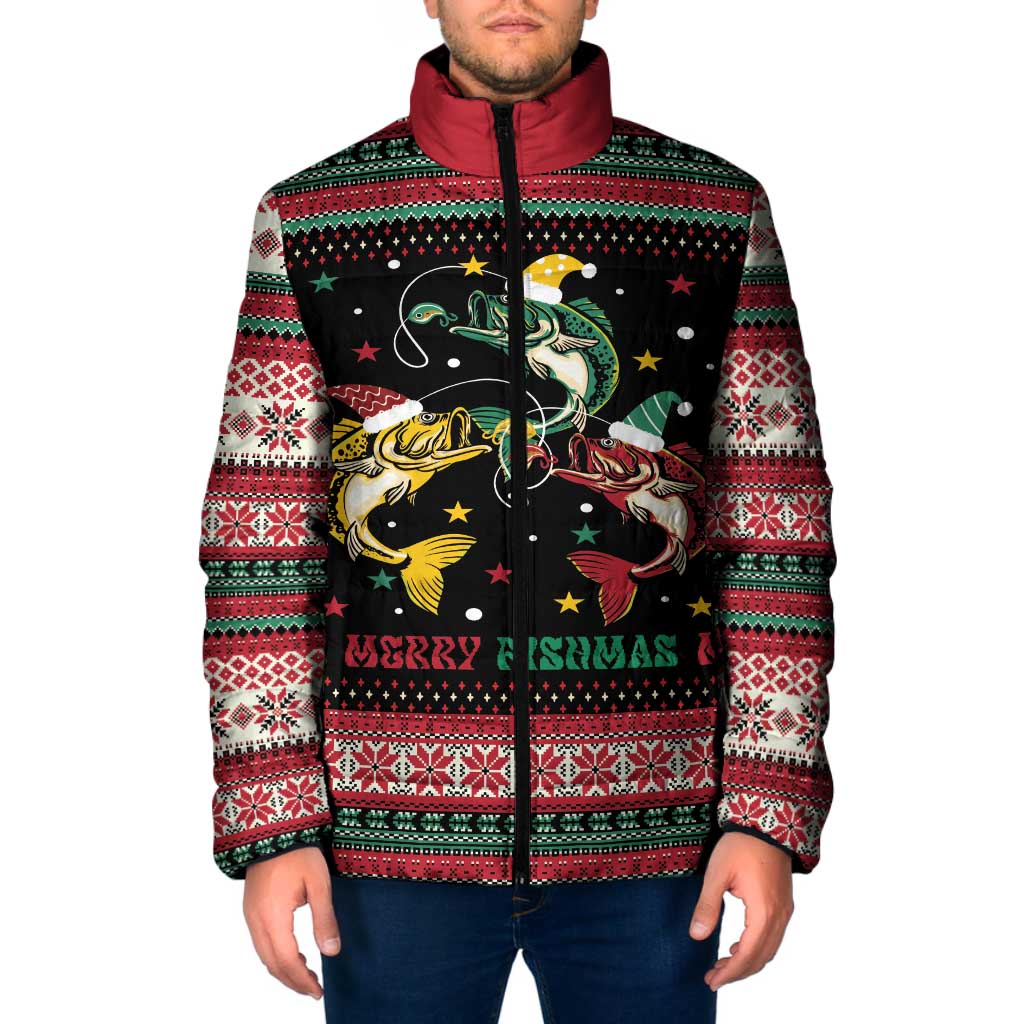 Funny Fishmas Bass Padded Jacket Christmas Santa Hat Lights - Wonder Print Shop