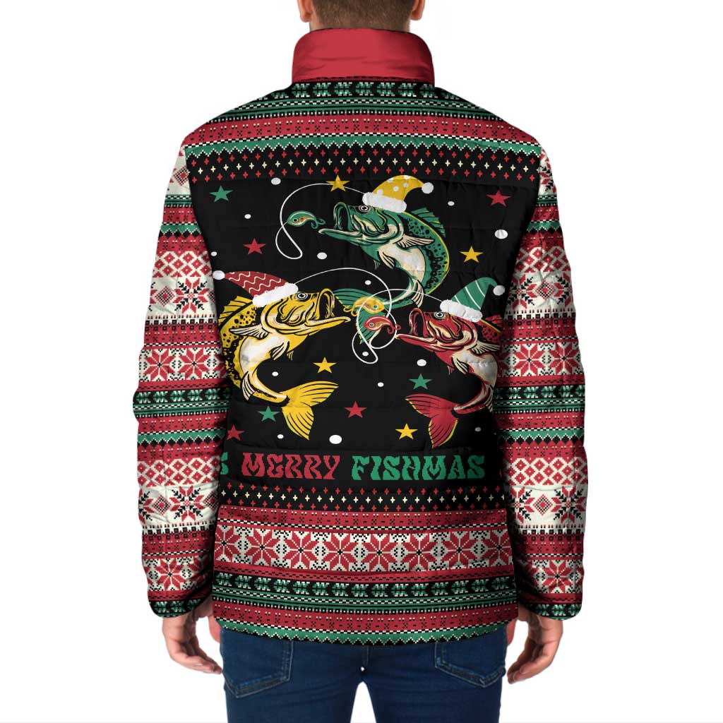 Funny Fishmas Bass Padded Jacket Christmas Santa Hat Lights - Wonder Print Shop