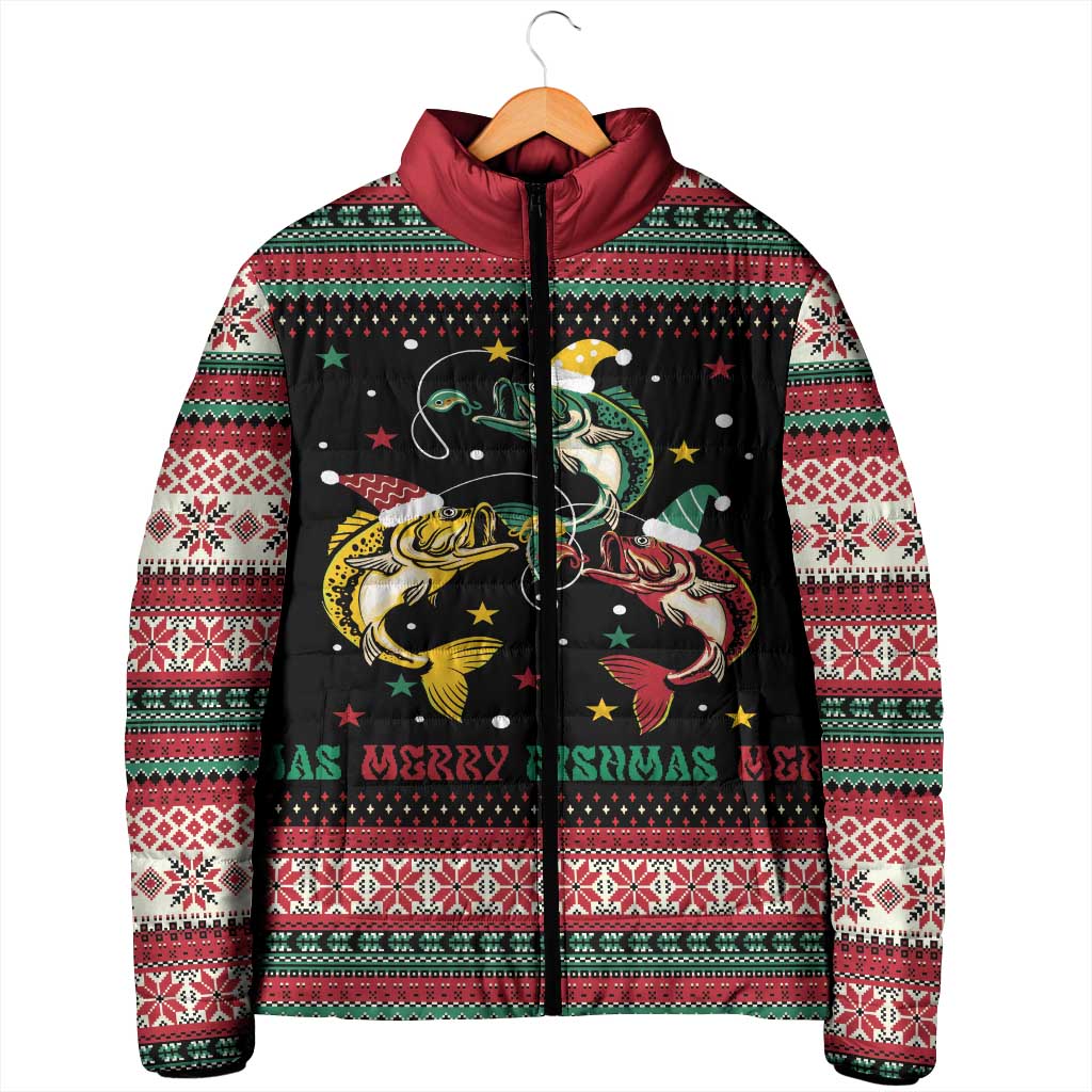 Funny Fishmas Bass Padded Jacket Christmas Santa Hat Lights - Wonder Print Shop