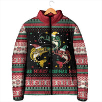 Funny Fishmas Bass Padded Jacket Christmas Santa Hat Lights - Wonder Print Shop