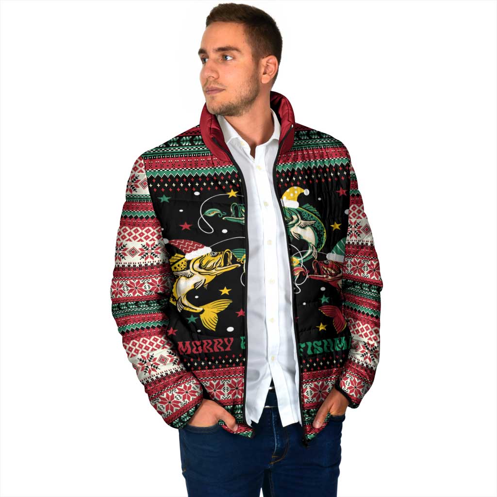 Funny Fishmas Bass Padded Jacket Christmas Santa Hat Lights - Wonder Print Shop