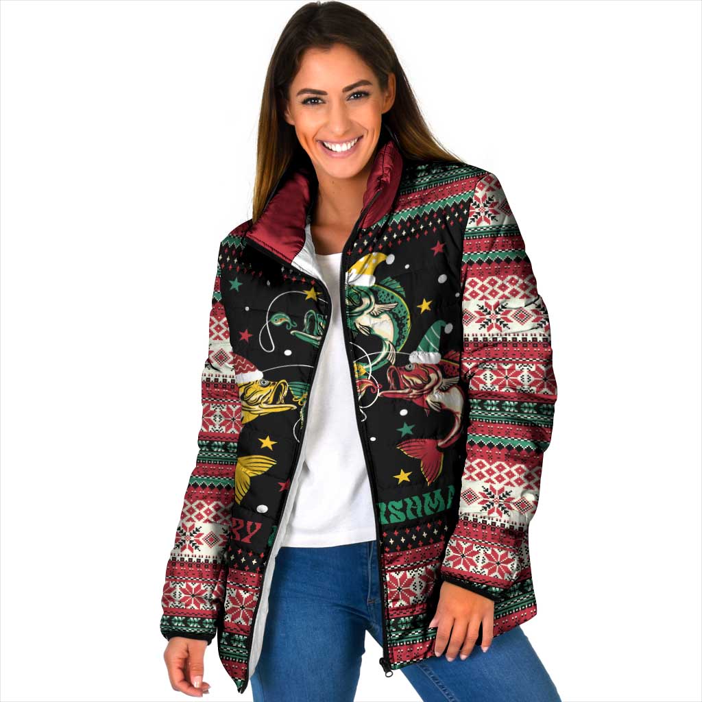 Funny Fishmas Bass Padded Jacket Christmas Santa Hat Lights - Wonder Print Shop