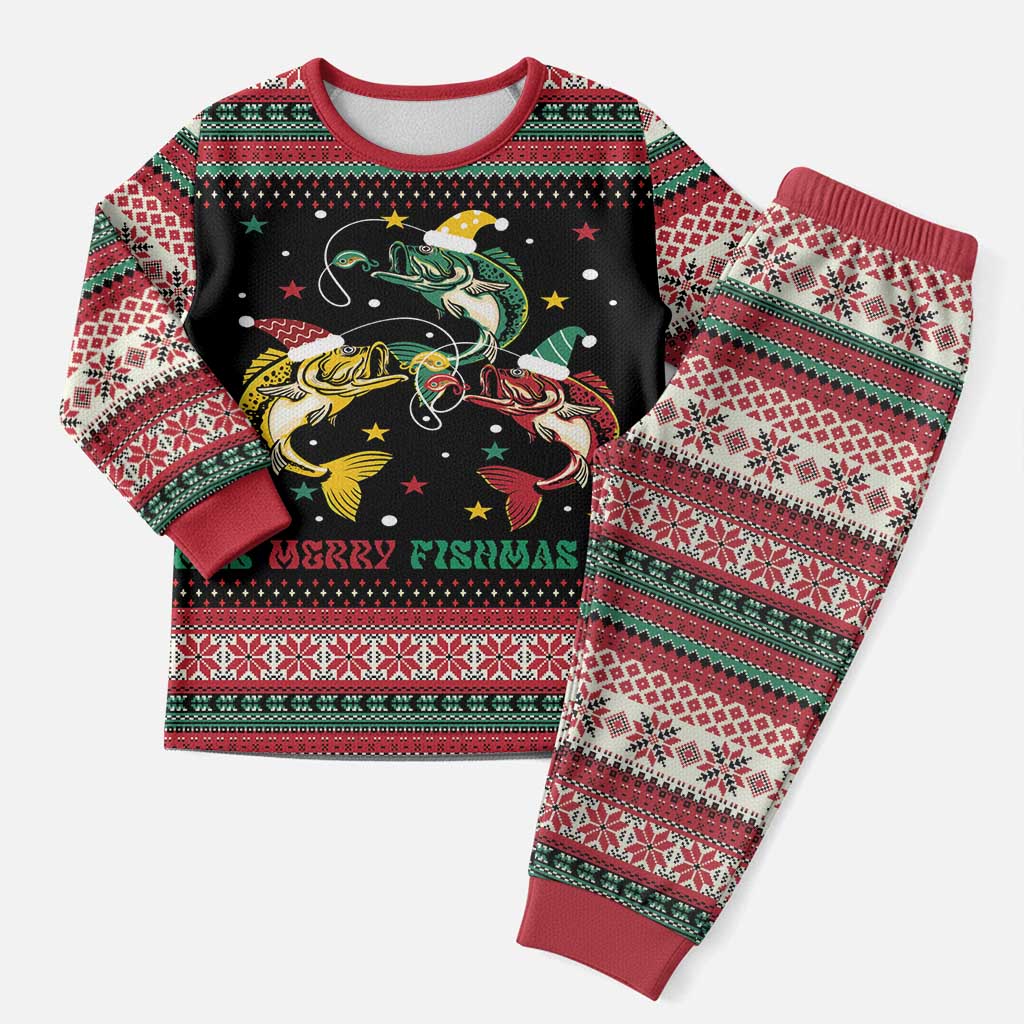 Funny Fishmas Bass Christmas Pajama Set Christmas Santa Hat Lights - Wonder Print Shop
