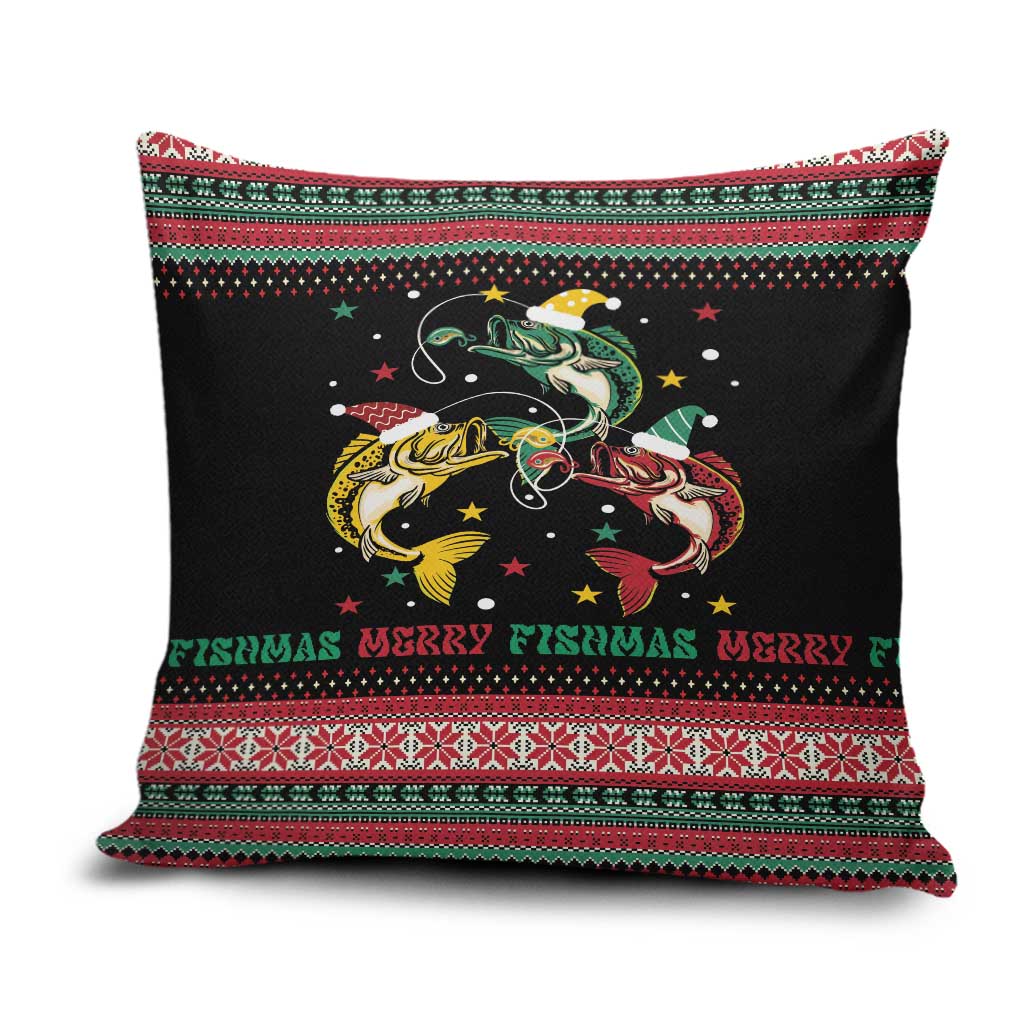 Funny Fishmas Bass Pillow Cover Christmas Santa Hat Lights - Wonder Print Shop