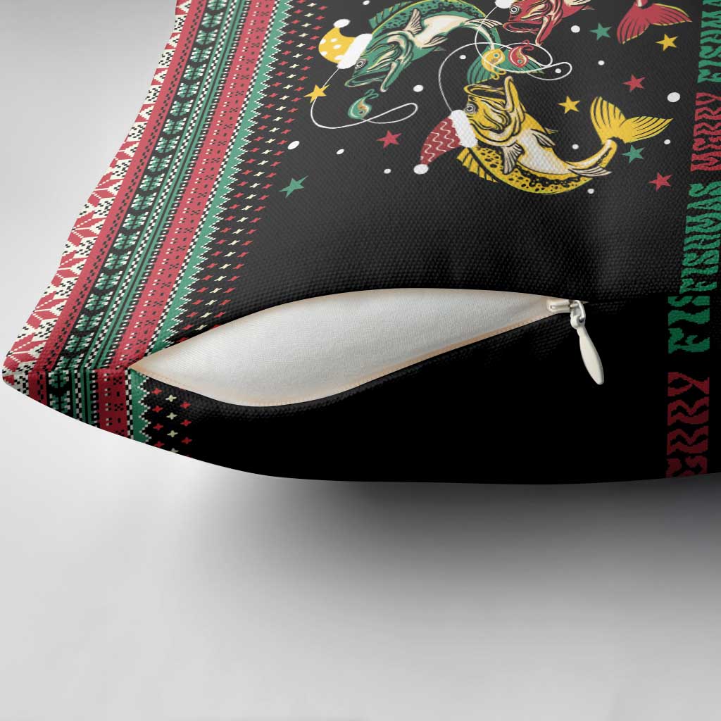 Funny Fishmas Bass Pillow Cover Christmas Santa Hat Lights - Wonder Print Shop