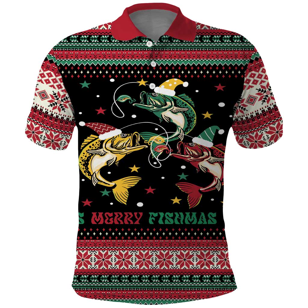 Funny Fishmas Bass Polo Shirt Christmas Santa Hat Lights - Wonder Print Shop